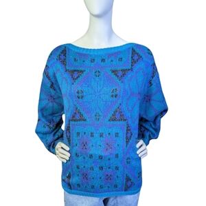 Vintage Blue & Purple Fair Isle Knit Sweater | Boat Neck | Metallic | L